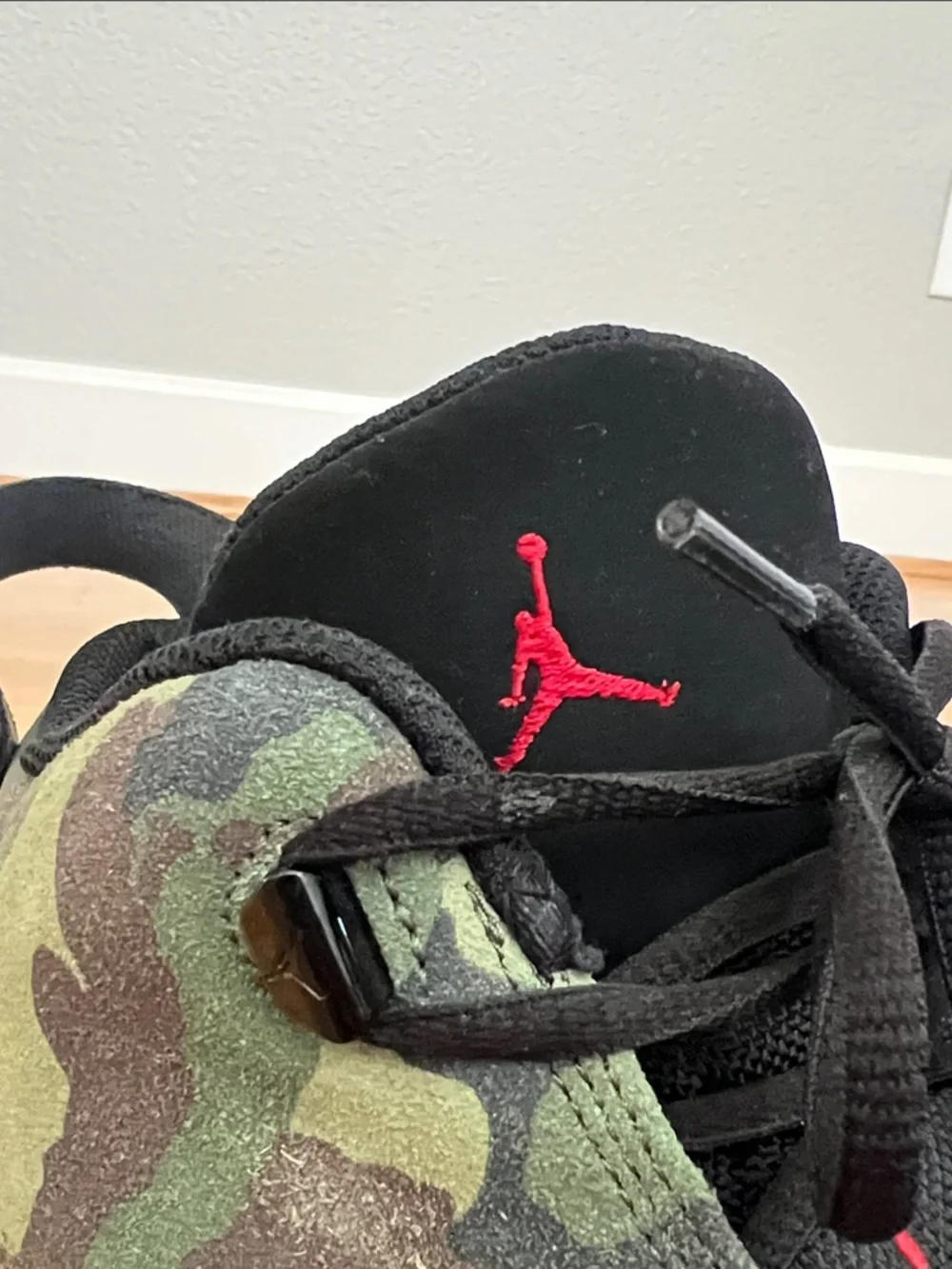 Jordan Camouflage Basketball Shoes in Olive Green and Black with Red Accents